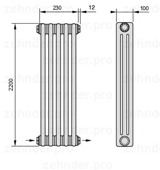 Схема (чертеж) Радиатор Zehnder Charleston 3220/5 №2670 Белый глянцевый RAL 9016